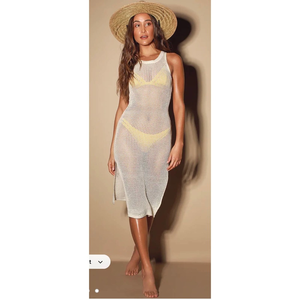 NEW LuLu's Sandy Cove Cream Sheer Crochet Swim Cover Up Size L